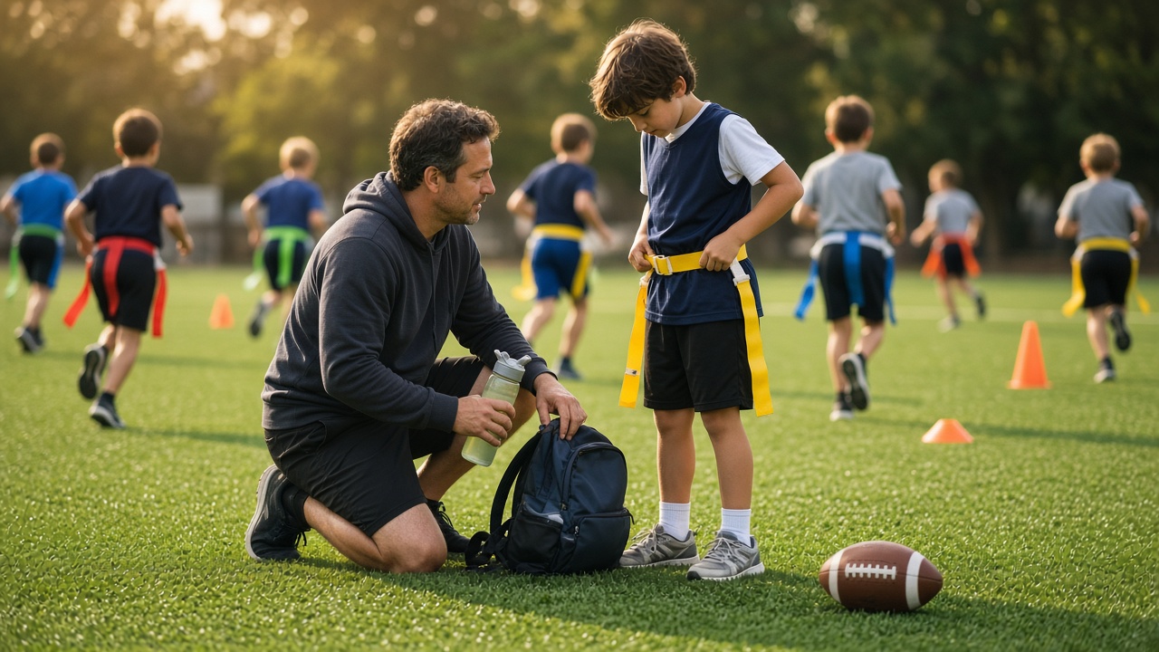 A child clipping on a yellow flag belt beside a parent with a water bottle before a Saturday youth flag football game
