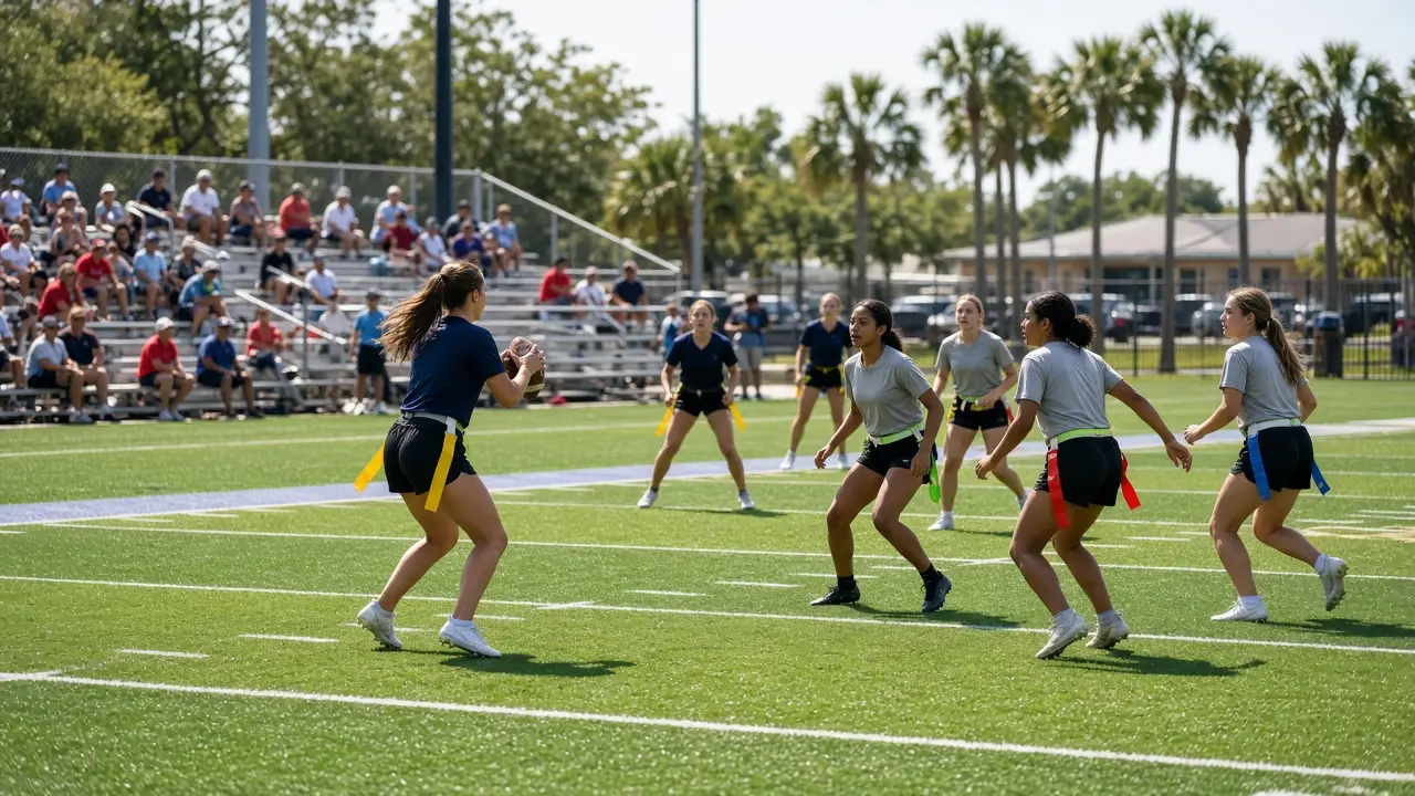 A girls flag football game underway on a sunny afternoon, with families watching from the sideline