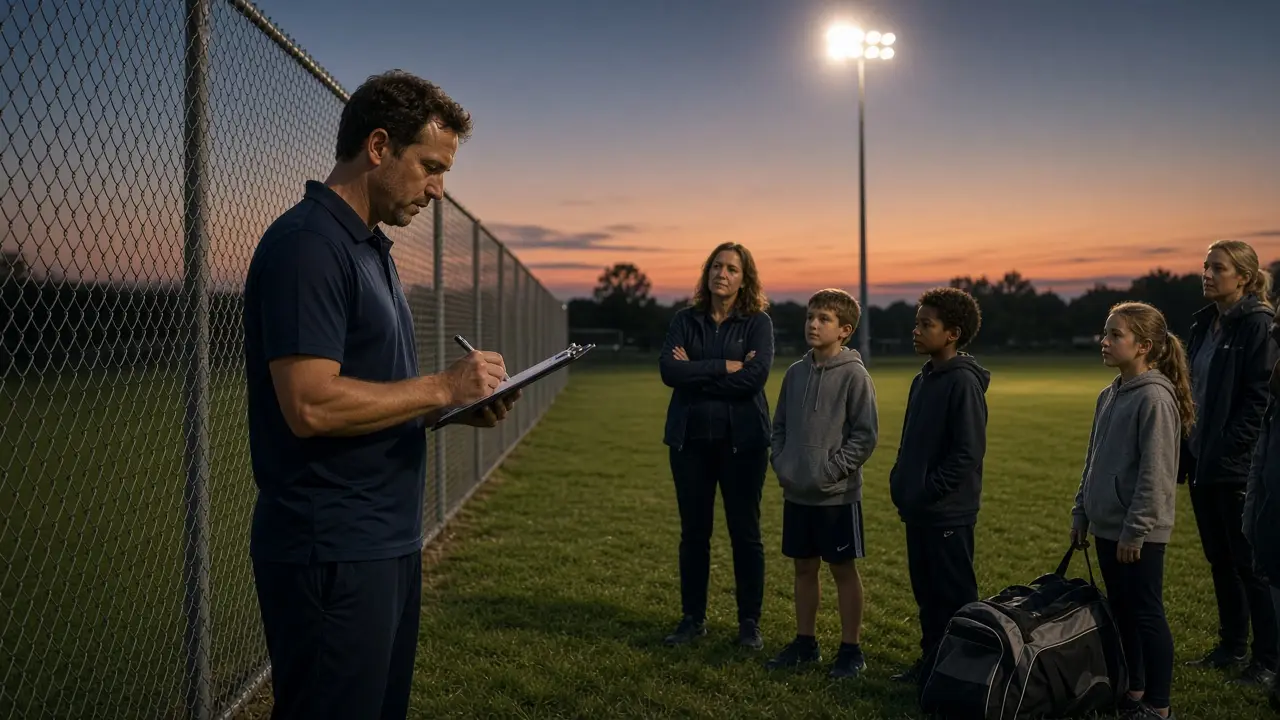 A volunteer coach writing the night’s schedule change on a clipboard while families wait beside a lighted field