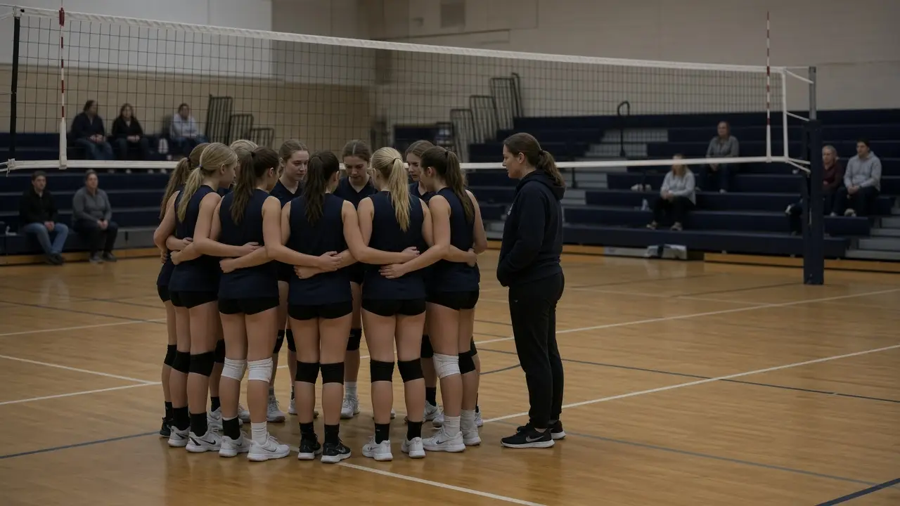 A girls volleyball team huddled with a coach beside a net in a school gym