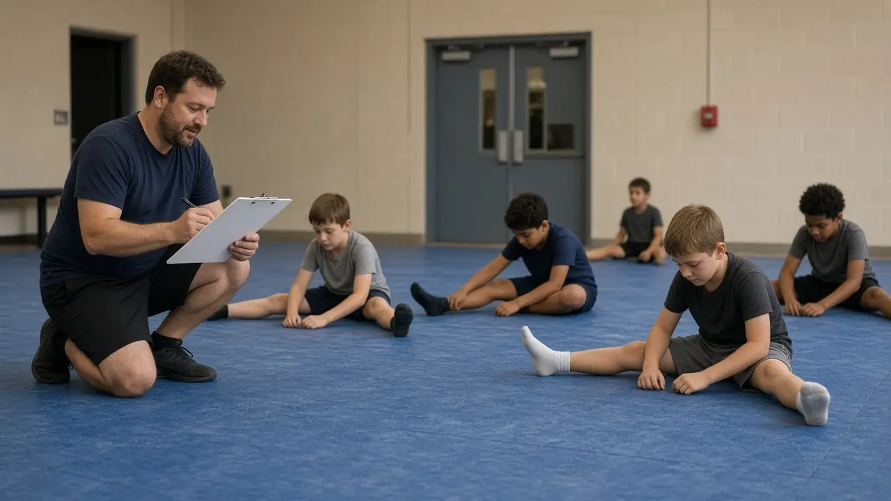 A volunteer coach with a clipboard beside kids stretching on a wrestling mat in a community gym