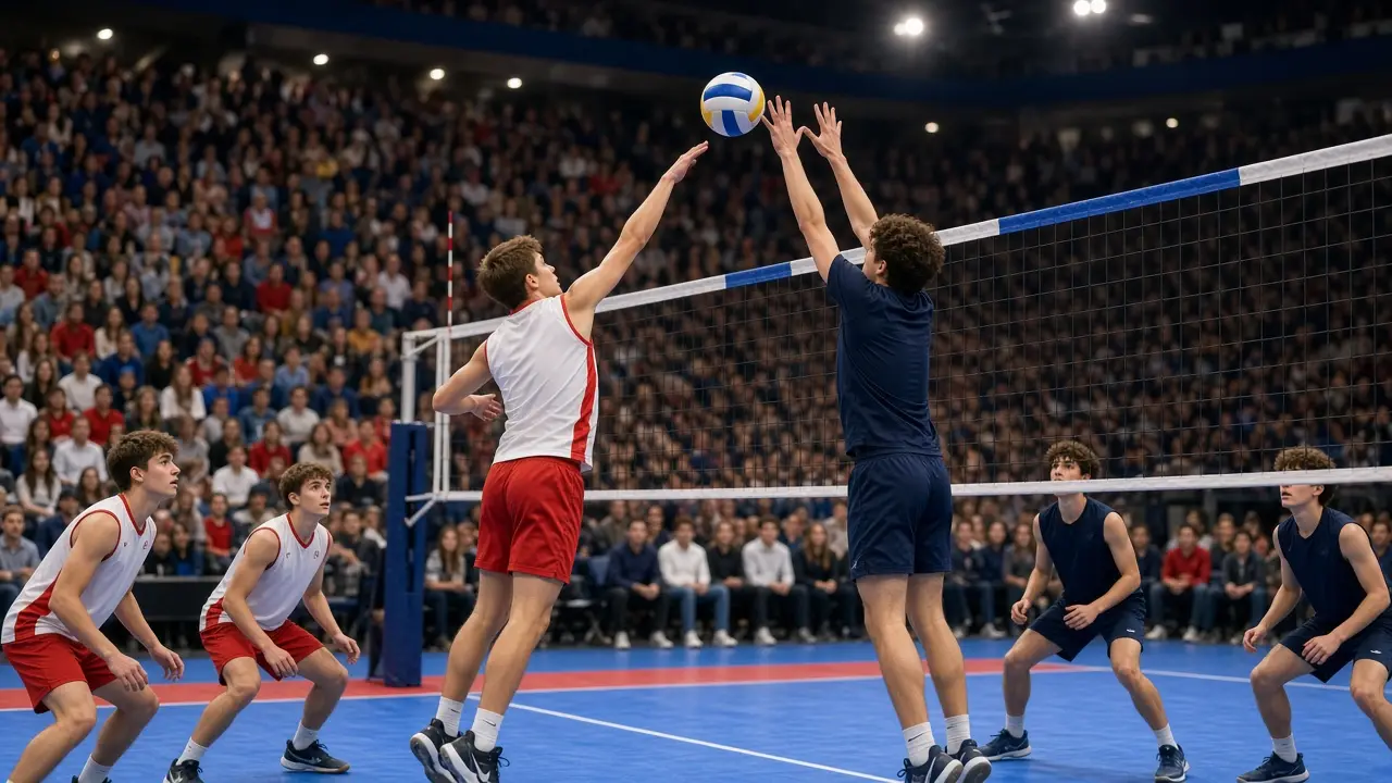 Boys volleyball players at the net in a packed arena during a state championship match