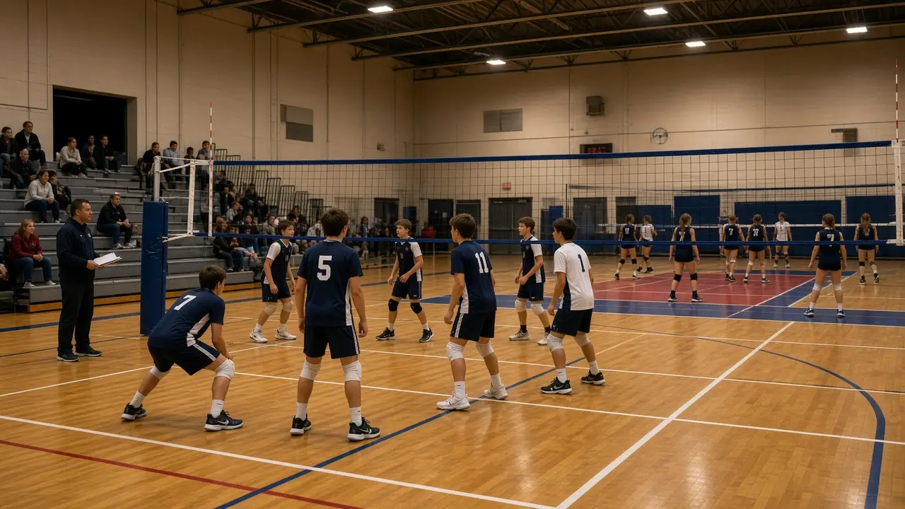 Two volleyball courts in one school gym, with a boys group on the near court and a girls group on the far court