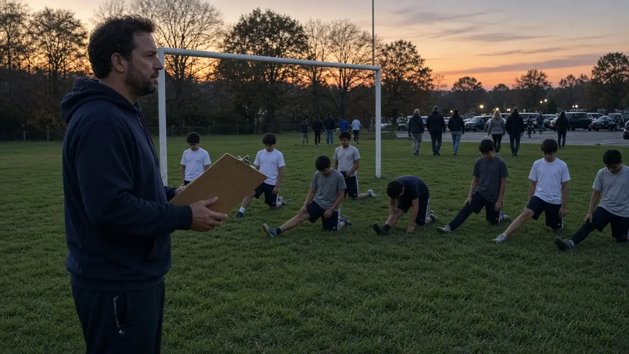 A volunteer coach with a clipboard beside kids stretching on a community football field at dusk