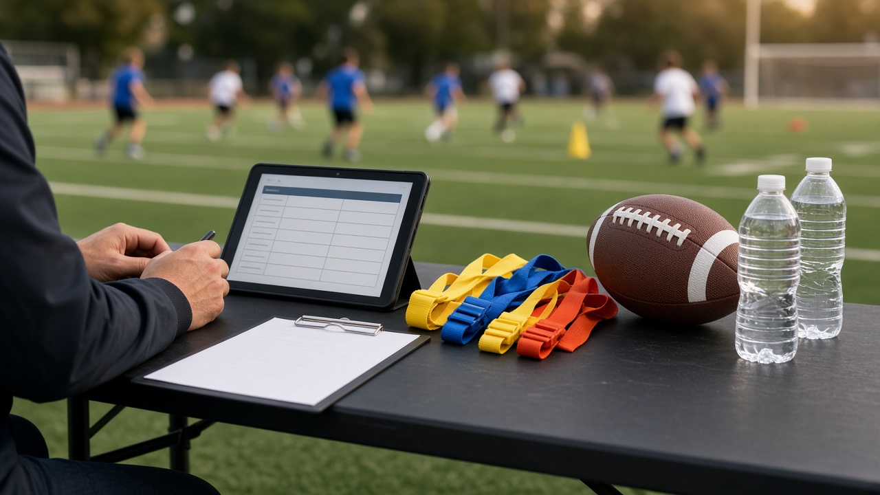 Sideline table with a tablet schedule, clipboard, youth football, and flag-football flags during a Saturday game