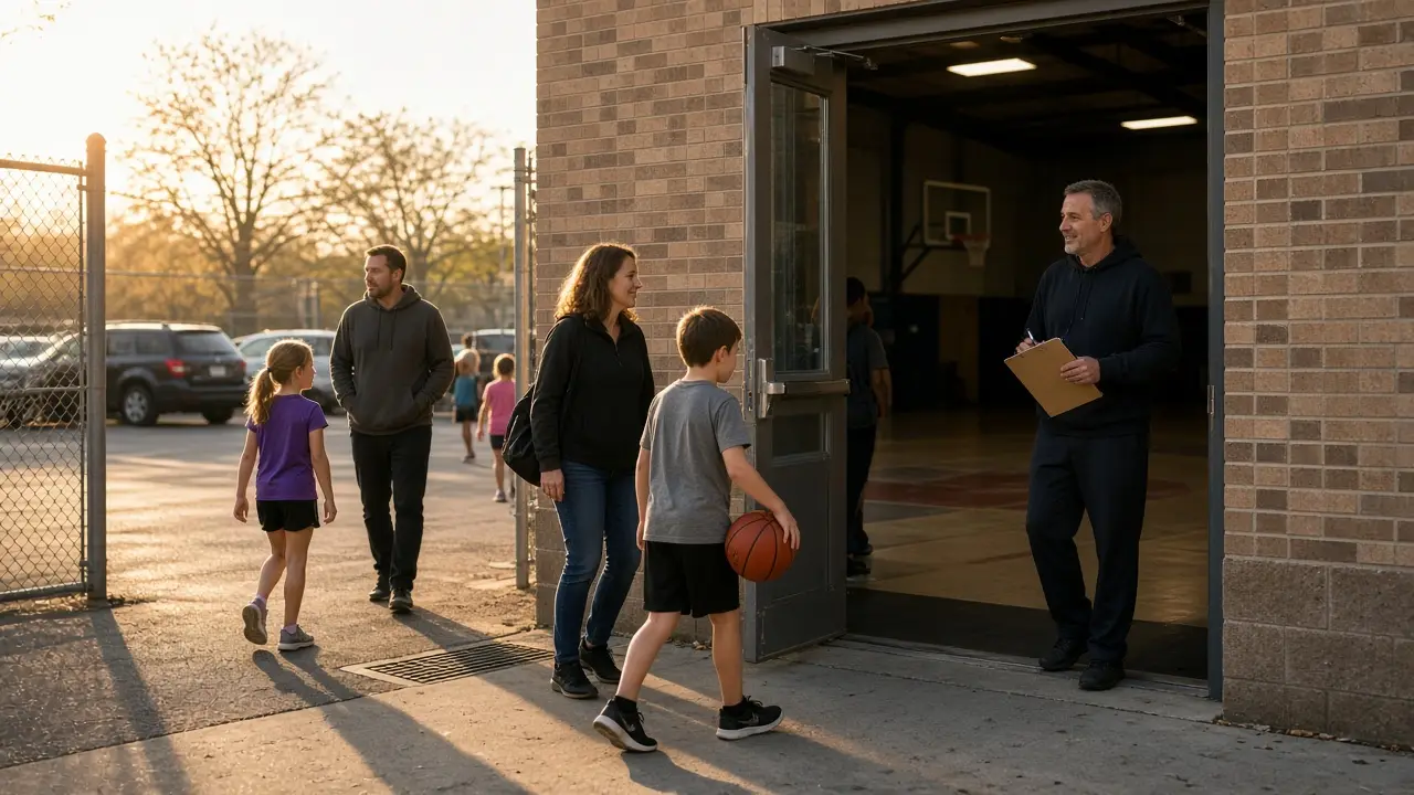 Families arriving at a school gym on a Monday afternoon while a coach waits at the open door