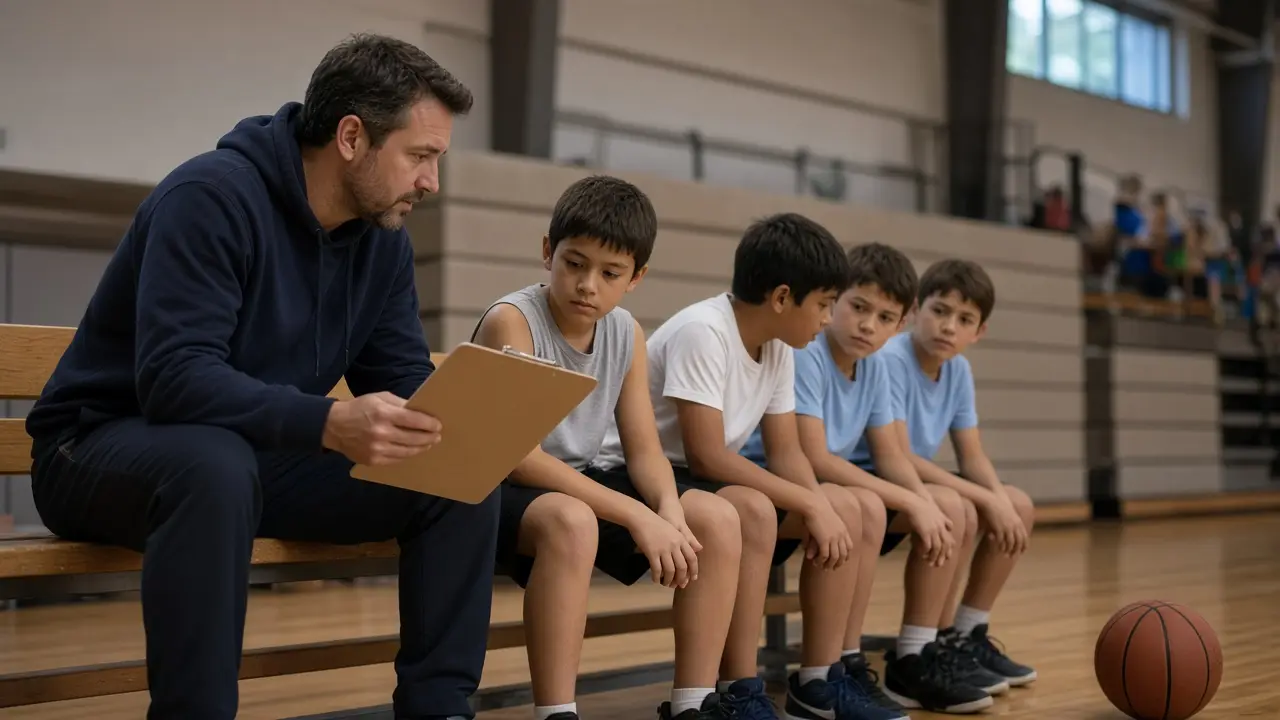 A volunteer coach with a clipboard beside kids sitting on a youth basketball bench