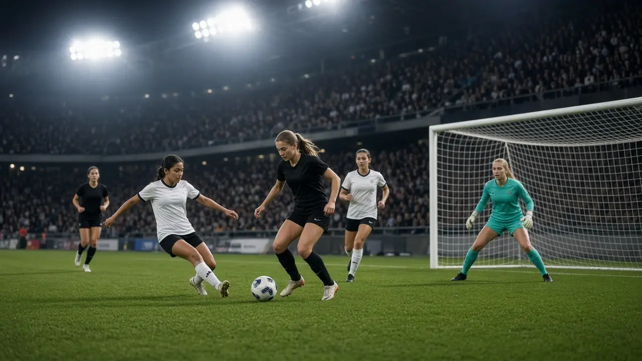 A girls soccer match under stadium lights, with a goalkeeper and attackers near the penalty spot