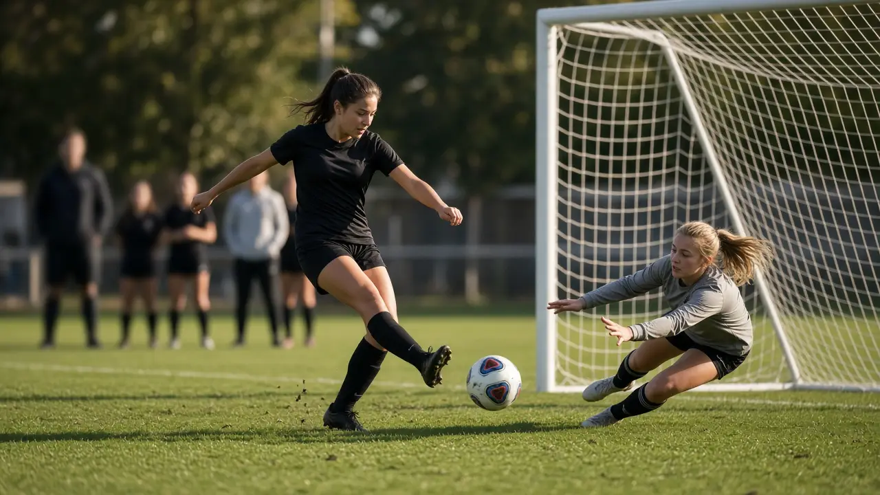 A girls soccer player striking the ball near the goal on a green field