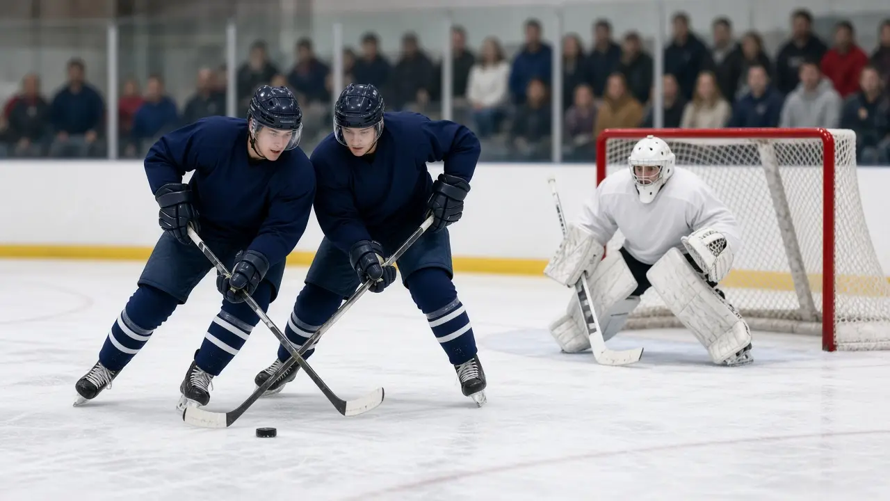 Two hockey players contest a puck in front of a goalie during a game in a bright arena