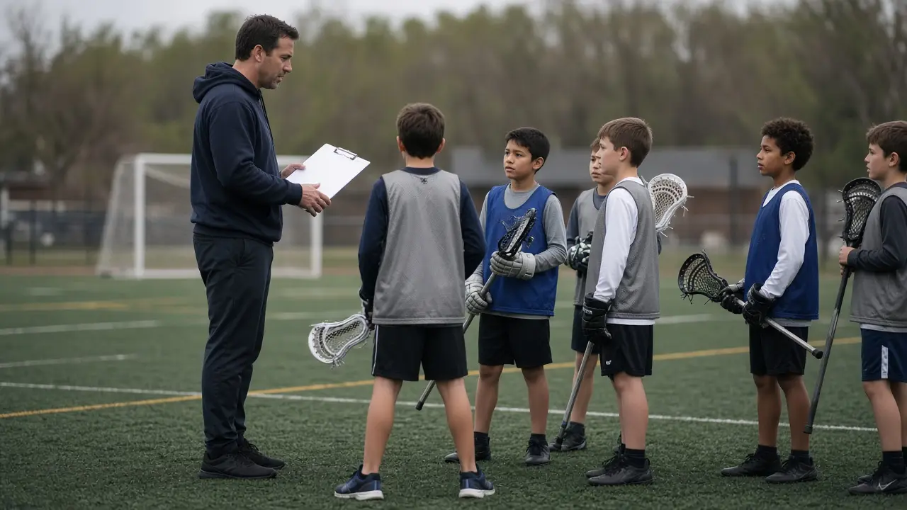 A volunteer coach with a clipboard on the sideline of a youth lacrosse practice