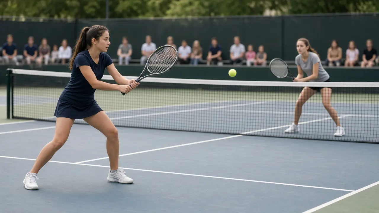 Two tennis players rally on an outdoor hard court during a high school match