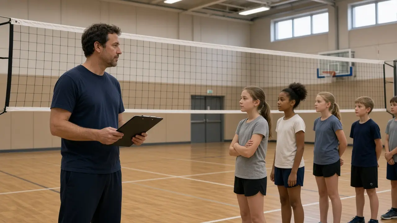 A volunteer coach with a clipboard beside kids at a youth volleyball net