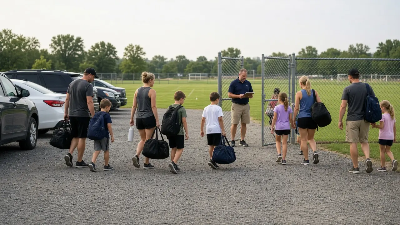 Families walking from a Saturday morning parking lot toward a volunteer coach at the field gate