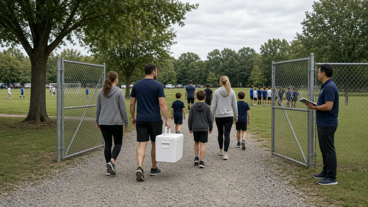 Families with a cooler walking between two open field gates on a Sunday afternoon, a coach waiting at the second gate