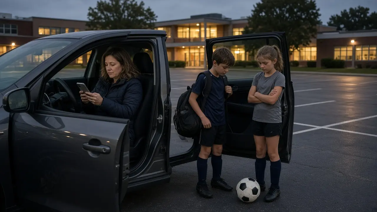 A parent in a car checking a phone while two children wait to go into a weeknight practice