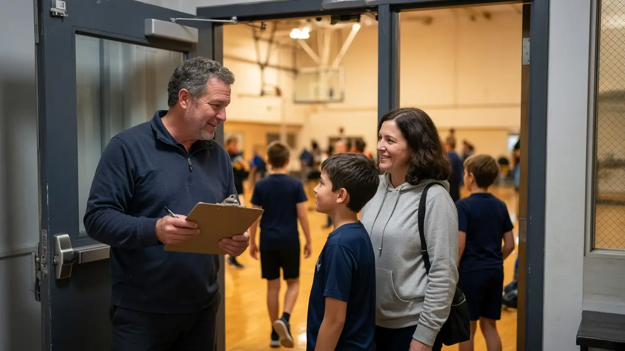 A coach with a clipboard greeting a child and parent at a school gym door on a weeknight