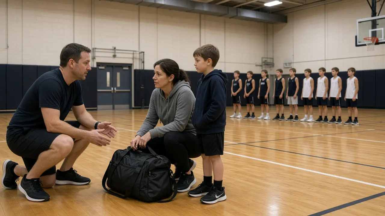 An assistant coach talking with a parent and child who just arrived while the rest of the team is already lined up