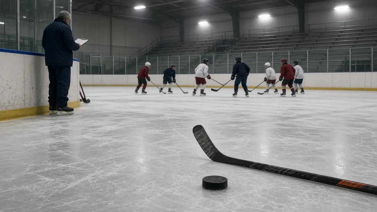 Kids skating a 6:15 a.m. rec hockey slot while a volunteer coach checks the night’s ice assignment at the bench