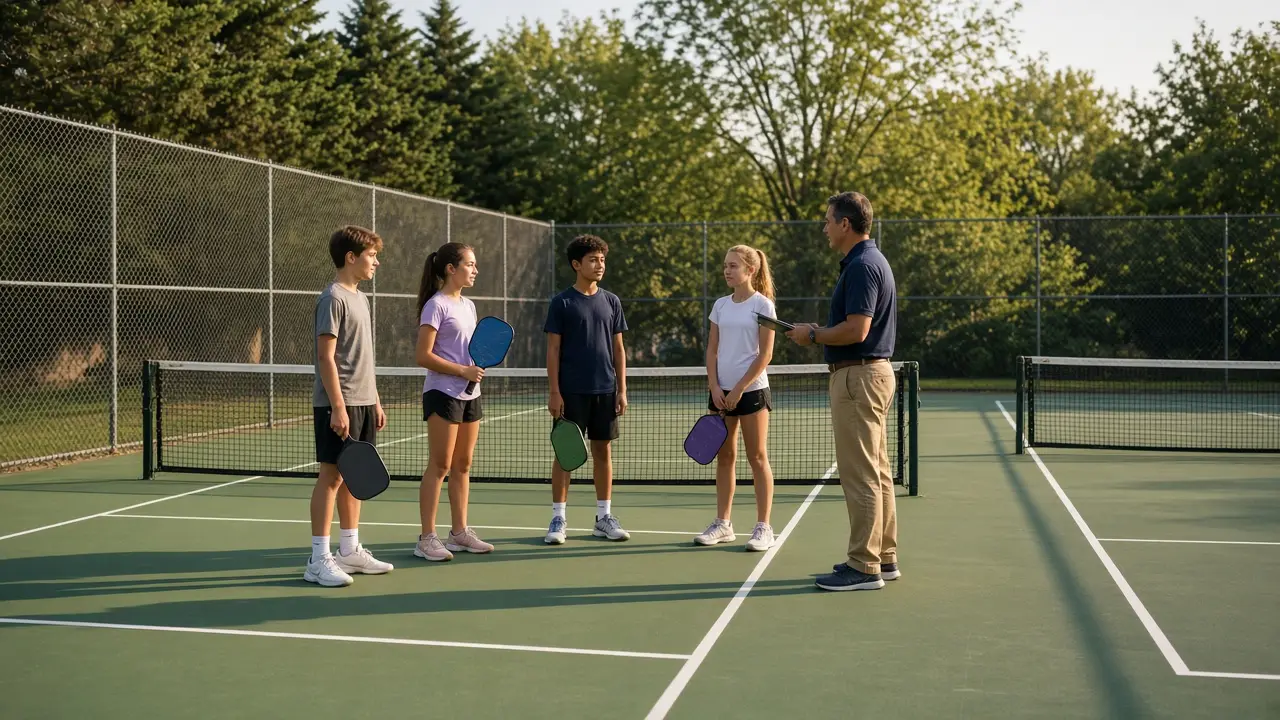 Kids with paddles gathered at a rec-center pickleball net while a volunteer coach checks the evening court assignment