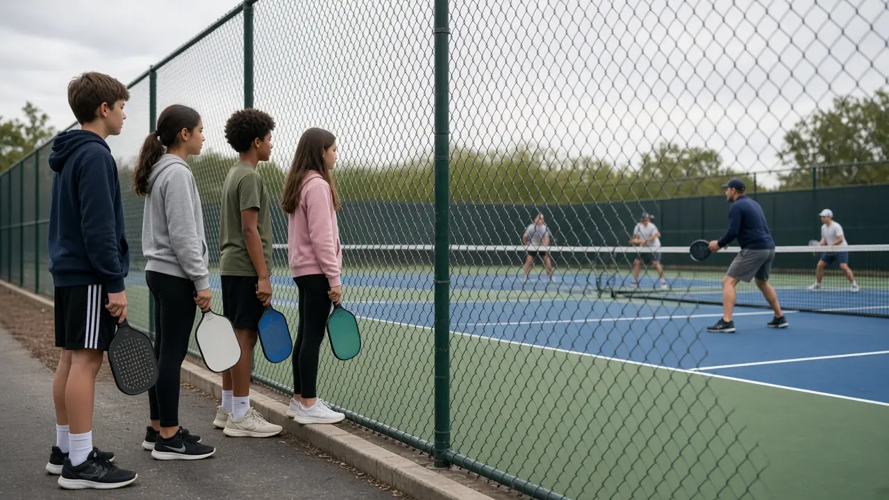 Youth players waiting at the fence while adults finish a game on the neighboring pickleball court
