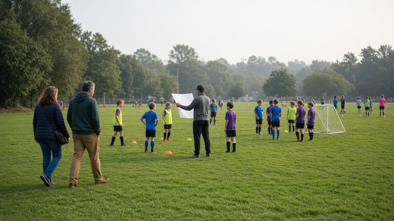 Kids warming up on a Saturday rec soccer complex while a volunteer coach holds a field map near a portable goal