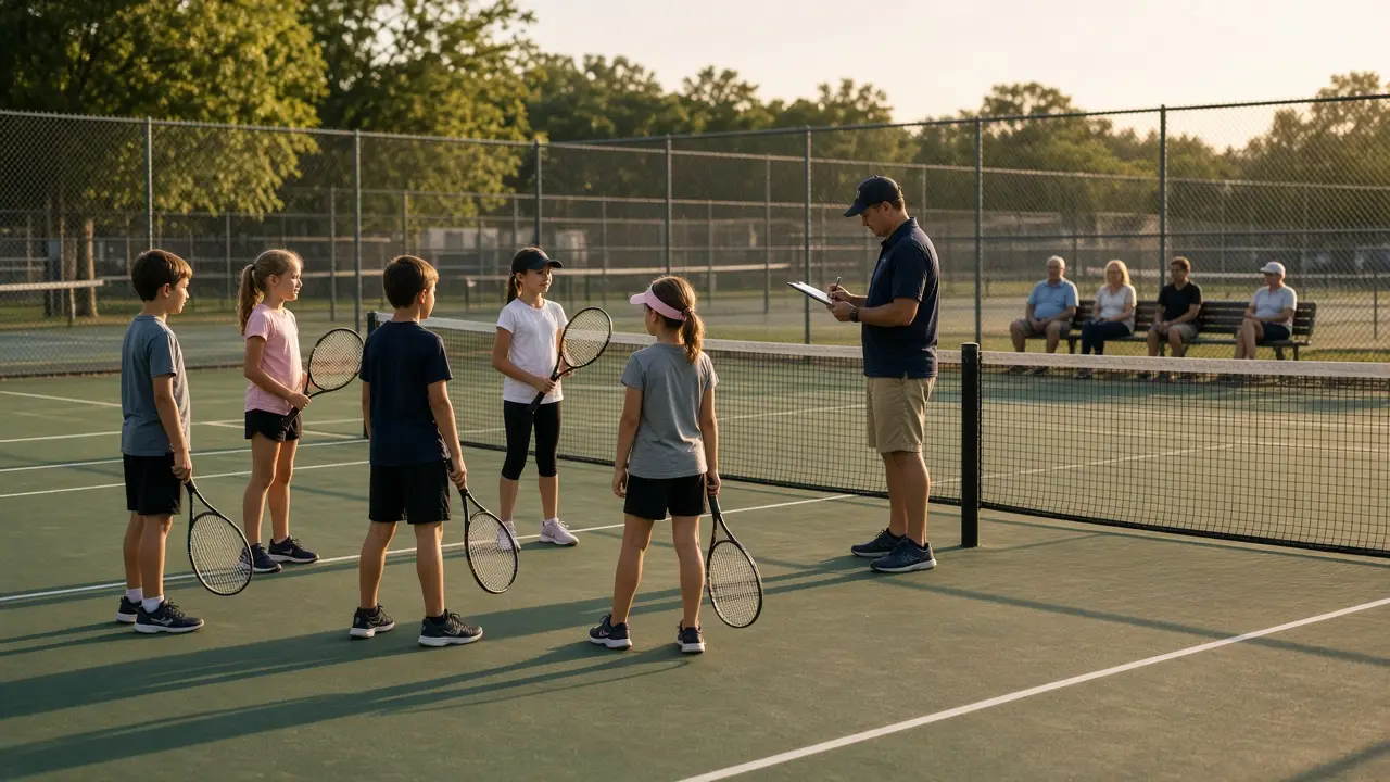 Kids with junior racquets gathered at the net while a volunteer coach checks the evening court assignment