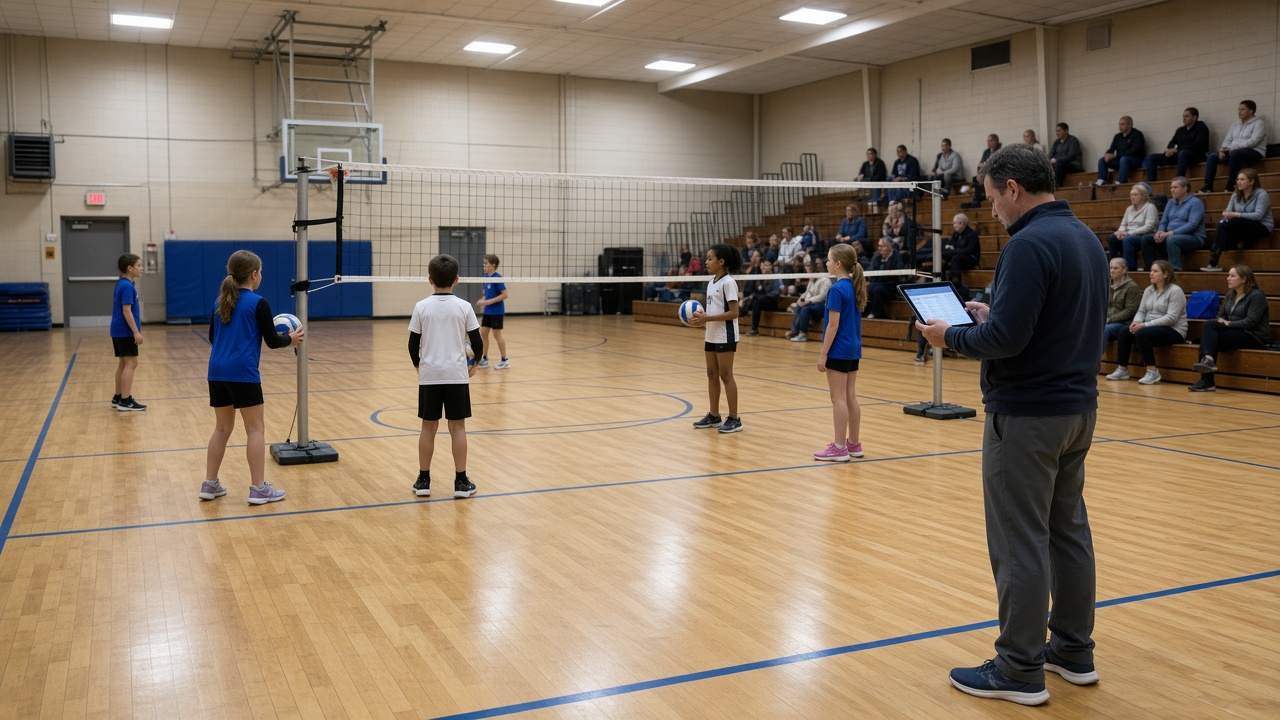 Kids warming up at a portable volleyball net in a school gym while a volunteer coach checks the night’s court schedule